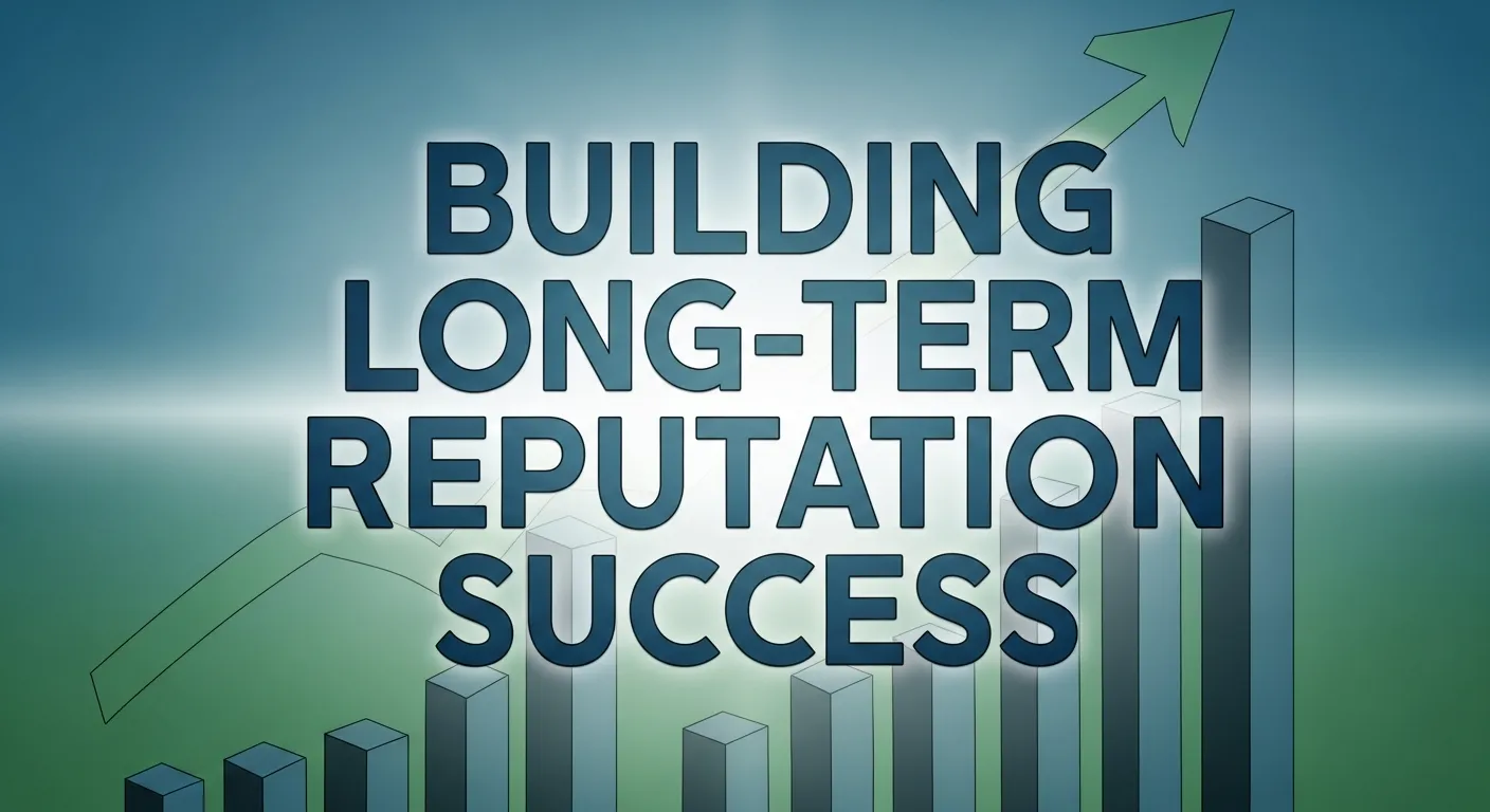 Illustration showing strategies for building long-term reputation success, including consistent customer engagement, quality service, and proactive reputation management.