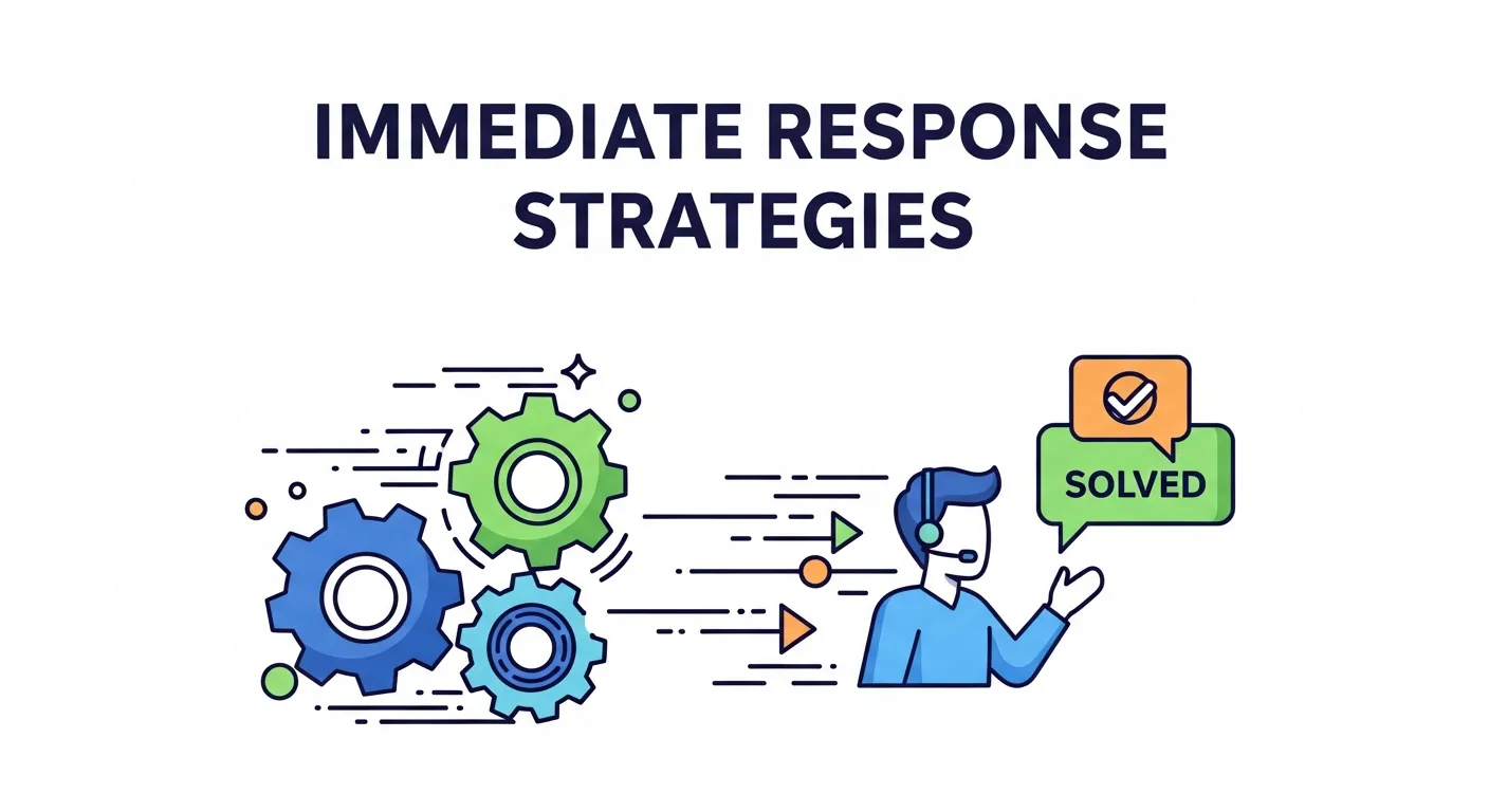 Illustration showing immediate response strategies for online review management, including prompt replies, addressing customer concerns, and maintaining brand reputation.