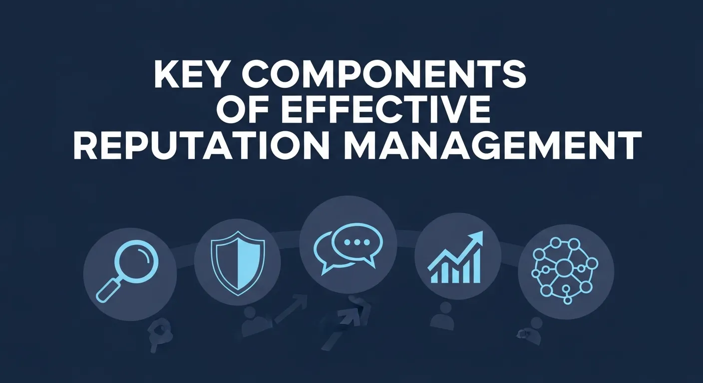 Illustration showing the key components of effective reputation management, including monitoring, feedback management, public relations, and social media engagement