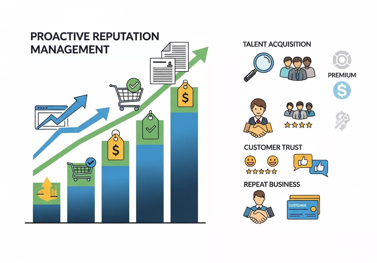 Illustration showing the business benefits of proactive reputation management, including increased customer trust, brand loyalty, and positive online presence.